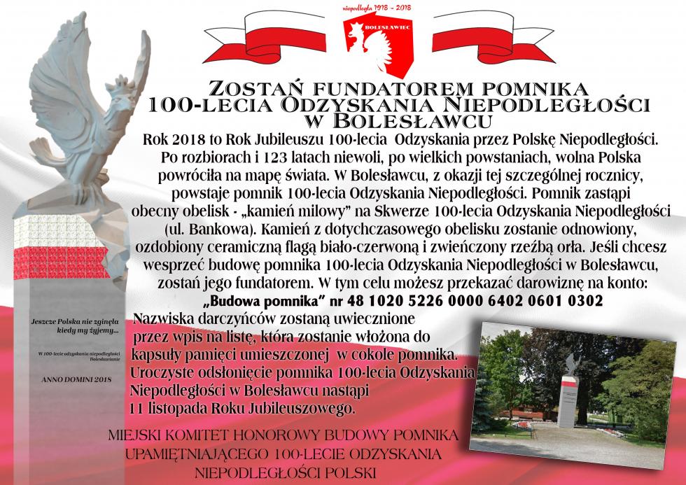 W Bolesawcu powstaje pomnik 100-lecia Odzyskania Niepodlegoci. Moesz wesprze jego budow